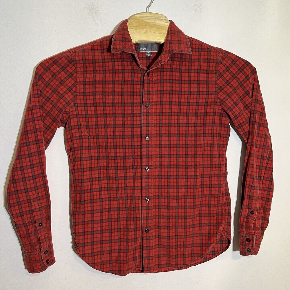 Vince Men's Small Red Plaid Button Up Corduroy Long Sleeve Shirt - Picture 2 of 7